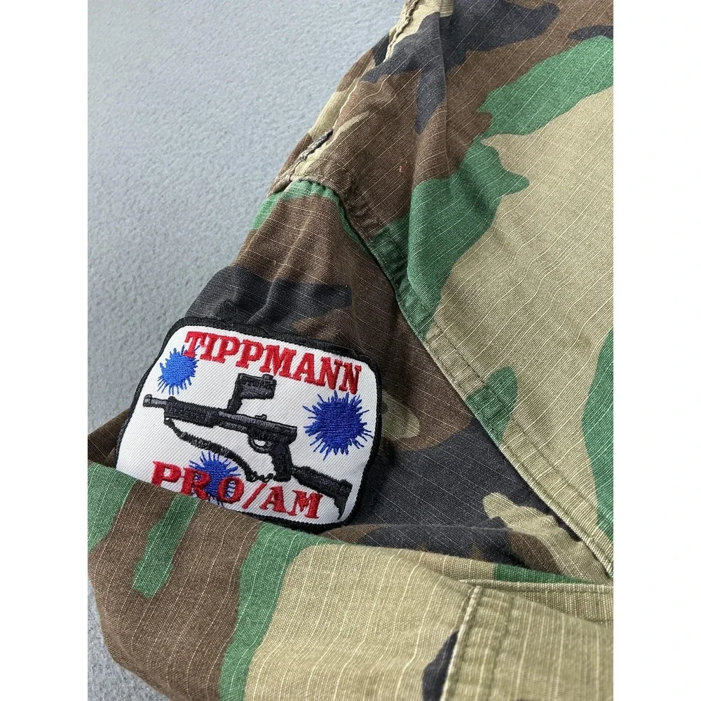 Vintage US Military Jacket Mens Medium Regular Woodland Camo BDU Patches‎ 90s